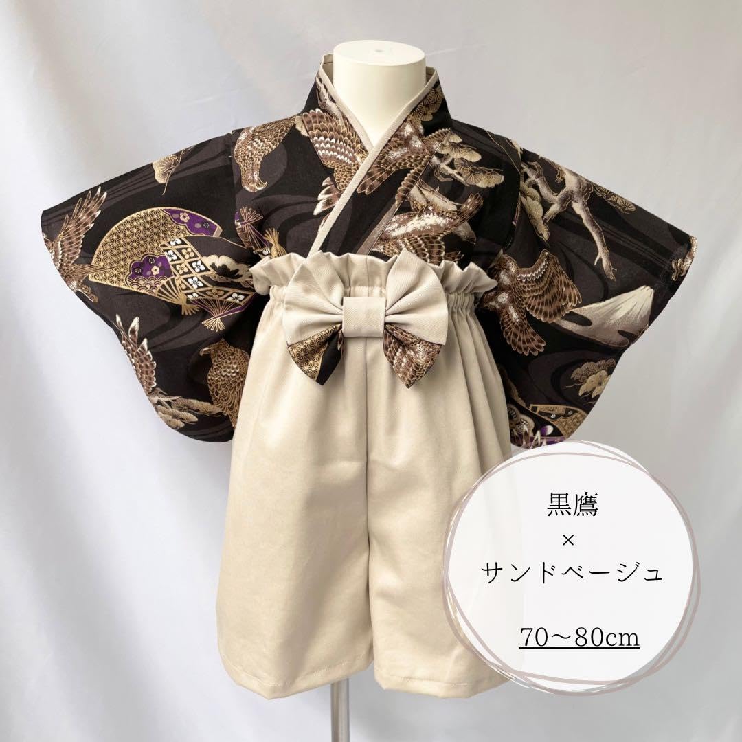 専用ページ ベビー袴 男の子 70〜80cm 鷹と鼓 紺 チノベージュ B35